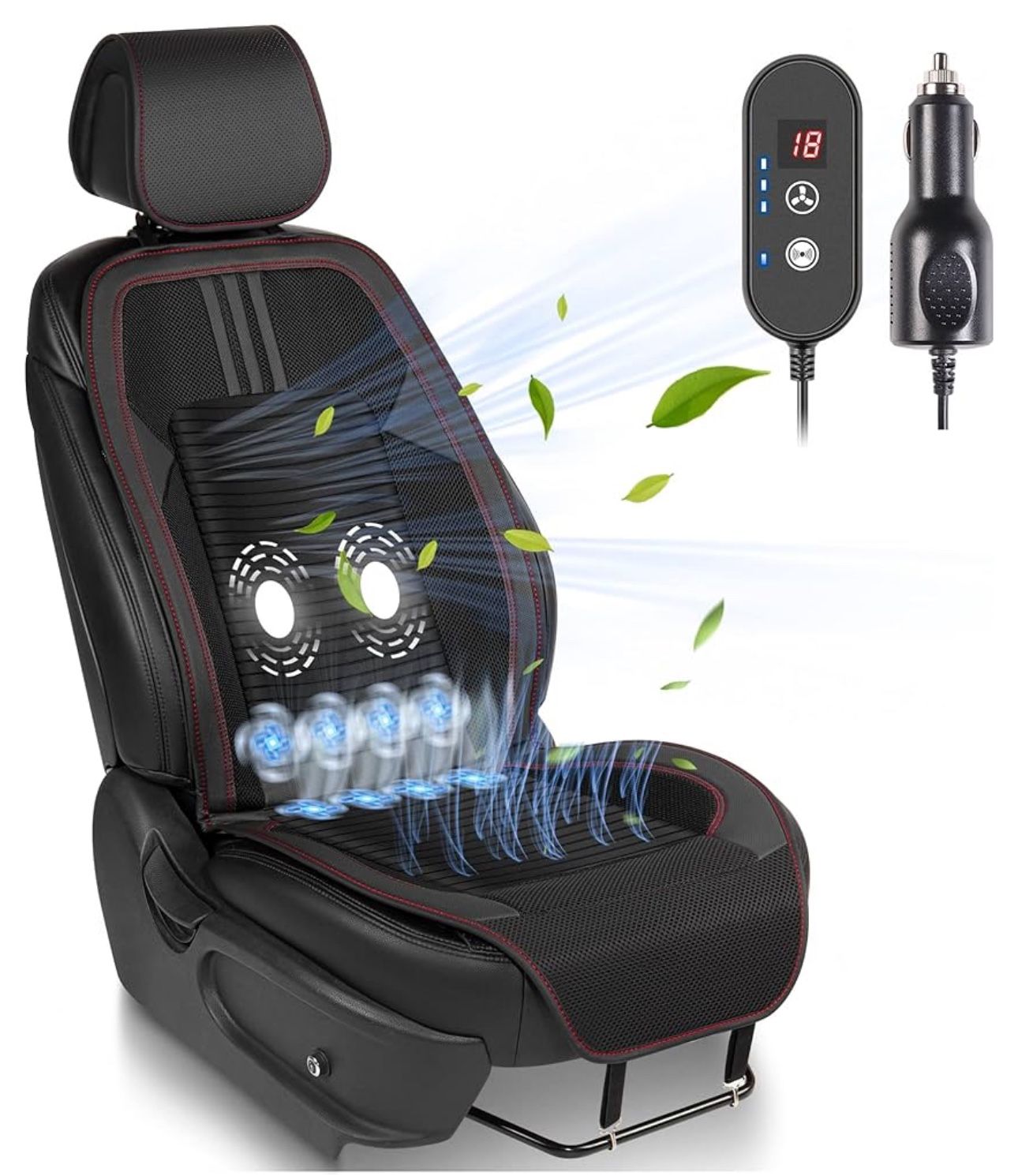 Paffenery 2 Pcs Cooling / Massage Car Seat Cushion Cover (Front Seat), 12V-24V, (Sport Black)