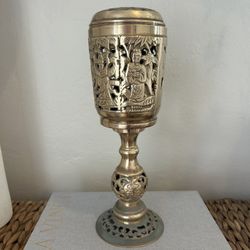 Vintage Solid Brass Candle Holder Heavy Ornate Filigree Chinese Antique Table Decor Footed 