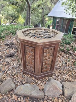 Vintage hand carved wooden side table storage