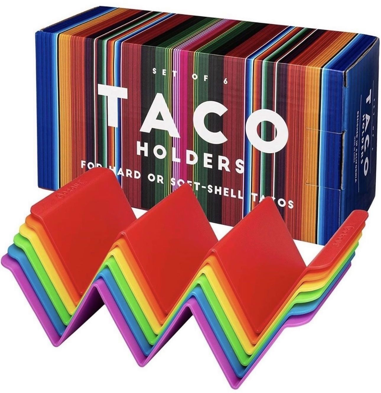 Stand Up Taco Holders, Colorful Premium Server Tray and Rack for Soft or Hard Taco Shells - Dishwasher and Microwave Safe, BPA Free and Sturdy, Multi-