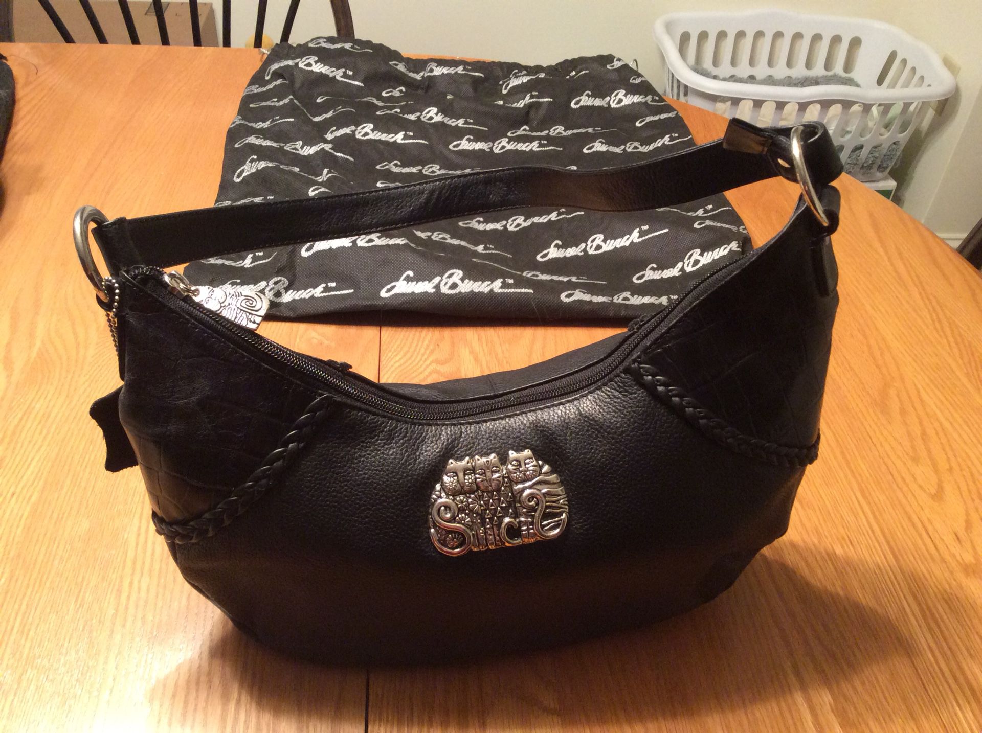 Laurel Burch black leather hobo purse with silver cats emblem
