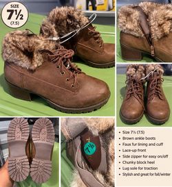 Women’s Brown Faux Fur Ankle Boots – Size 7.5 – Lace-Up & Side Zipper