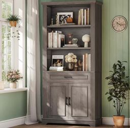 Farmhouse Bookshelves and Bookcases with Doors and Drawer, Grey