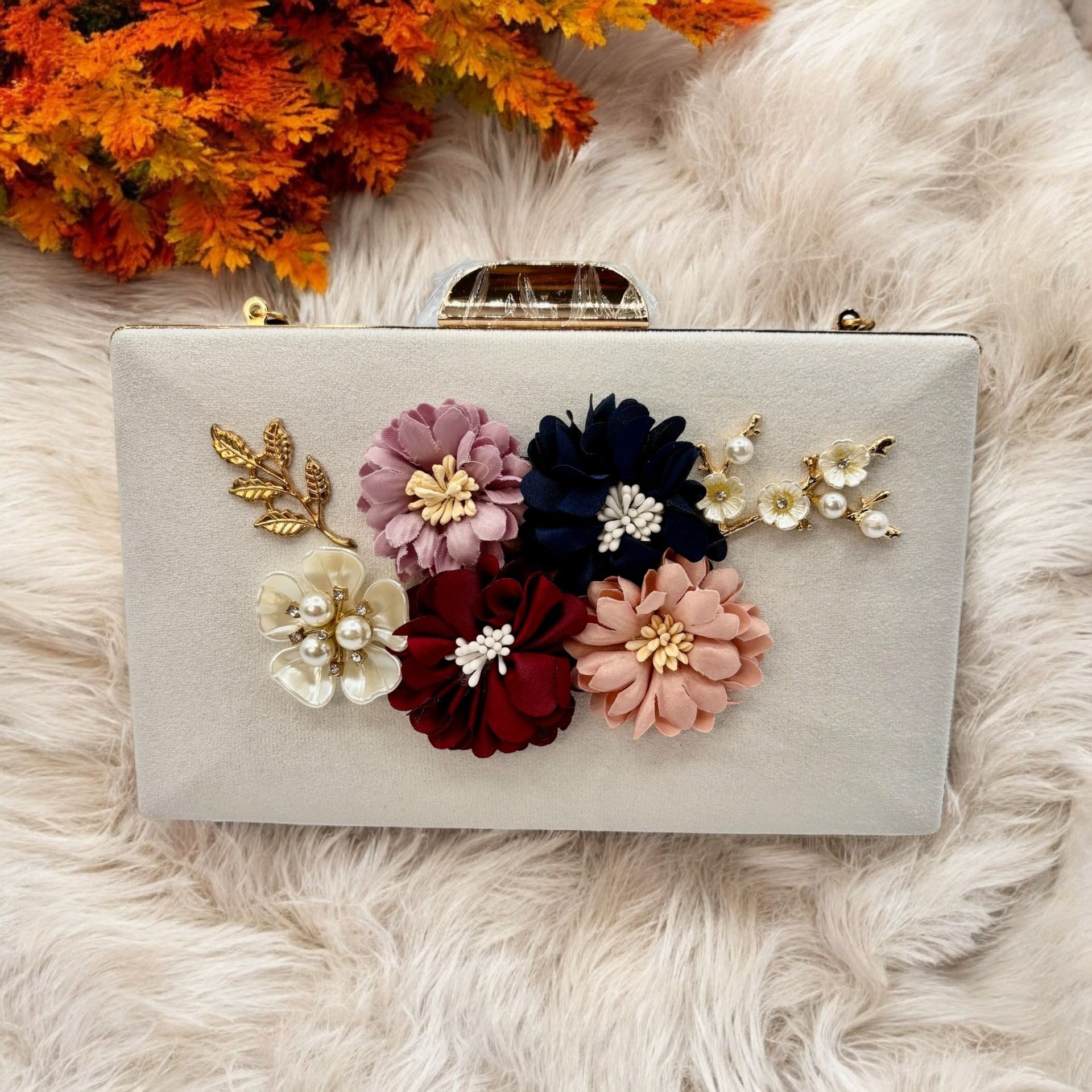 Elegant white pearled Clutch Purse with flowers