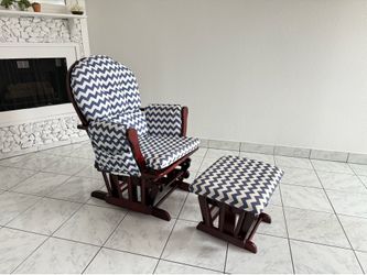 LIKE NEW! Cherry Wood & Navy Chevron Nursery Glider with Ottoman - $95