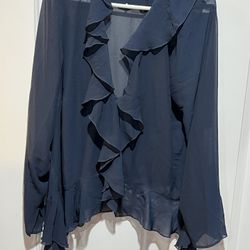  Eloquii Top Women’s size 14 Navy Blue Long Sleeve Sheer blouse Ruffles New