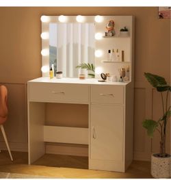 35.4" White Makeup Vanity Desk with 10 Hollywood Light Bulbs Dimmable Lighting, Large Mirror, Storage Cabinet