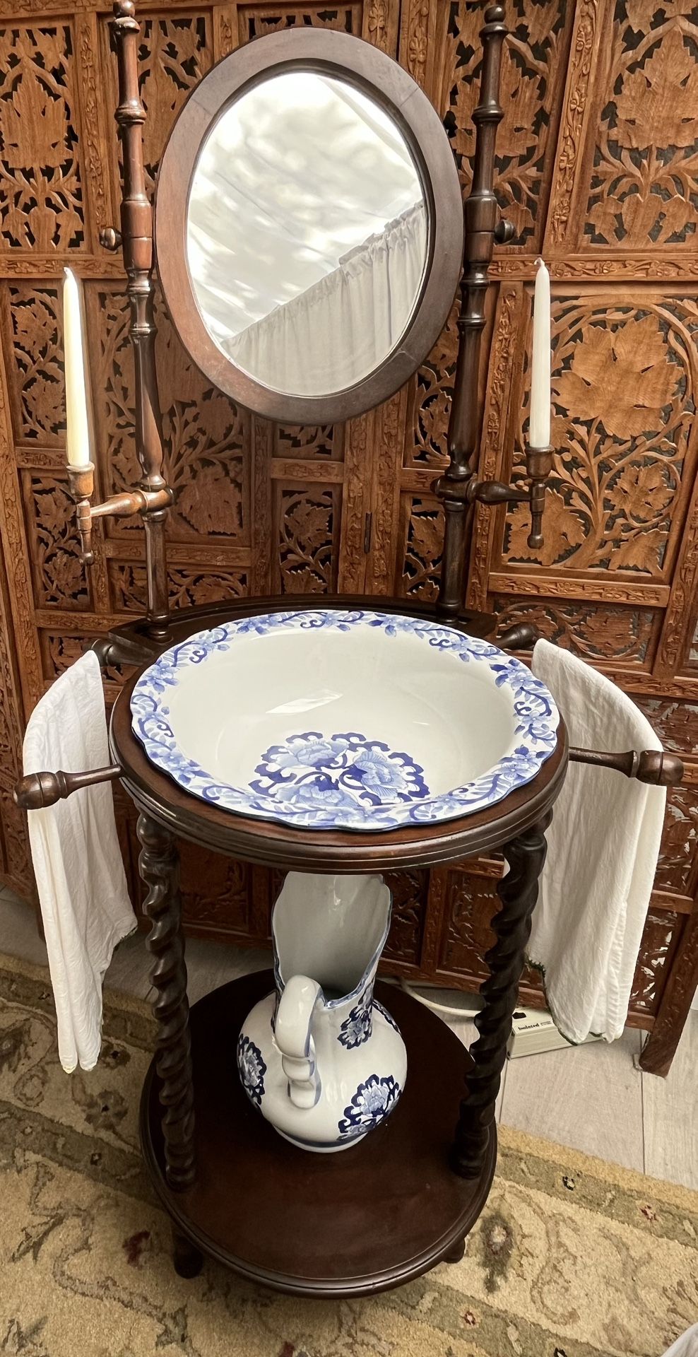Antique Victorian Washstand with Mirror, Candle Holders, and Blue & White Basin & Pitcher Set