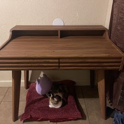 Wood Desk With 2 Drawers And Small Hutch