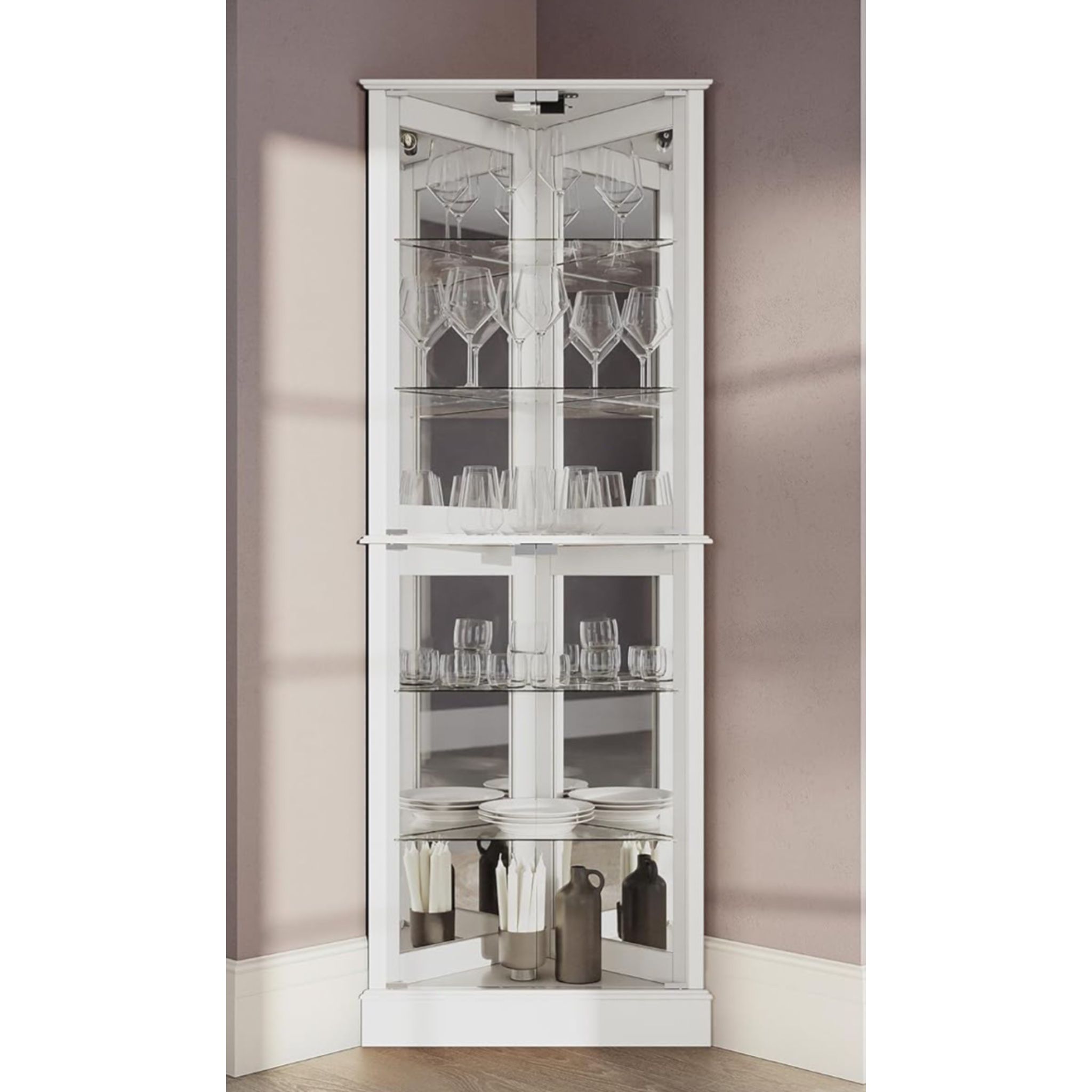 Corner Display Curio Wood Storage Bar Cabinet with Tempered Glass Doors w/Bulb (White)