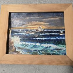 Small Seascape And Ship Oil Painting