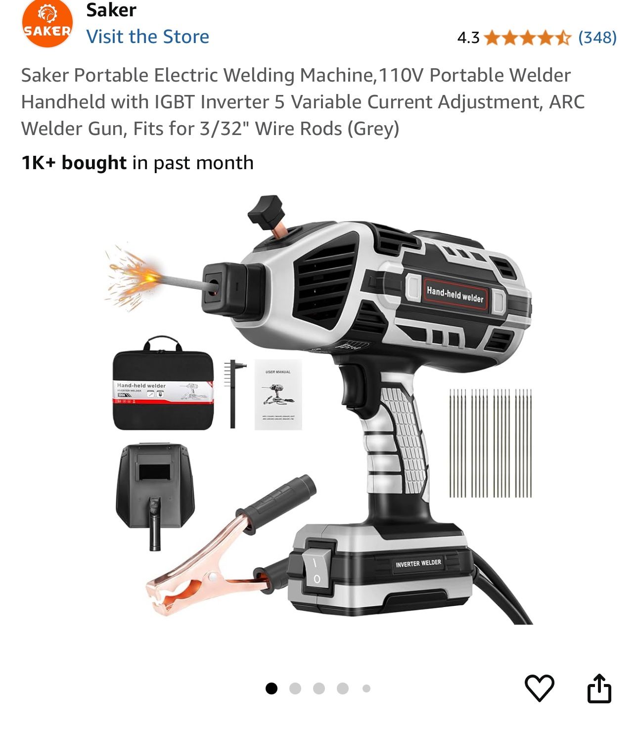 Saker Portable Electric Welding Machine,110V Portable Welder Handheld with IGBT Inverter 5 Variable Current Adjustment, ARC Welder Gun, Fits for 3/32"
