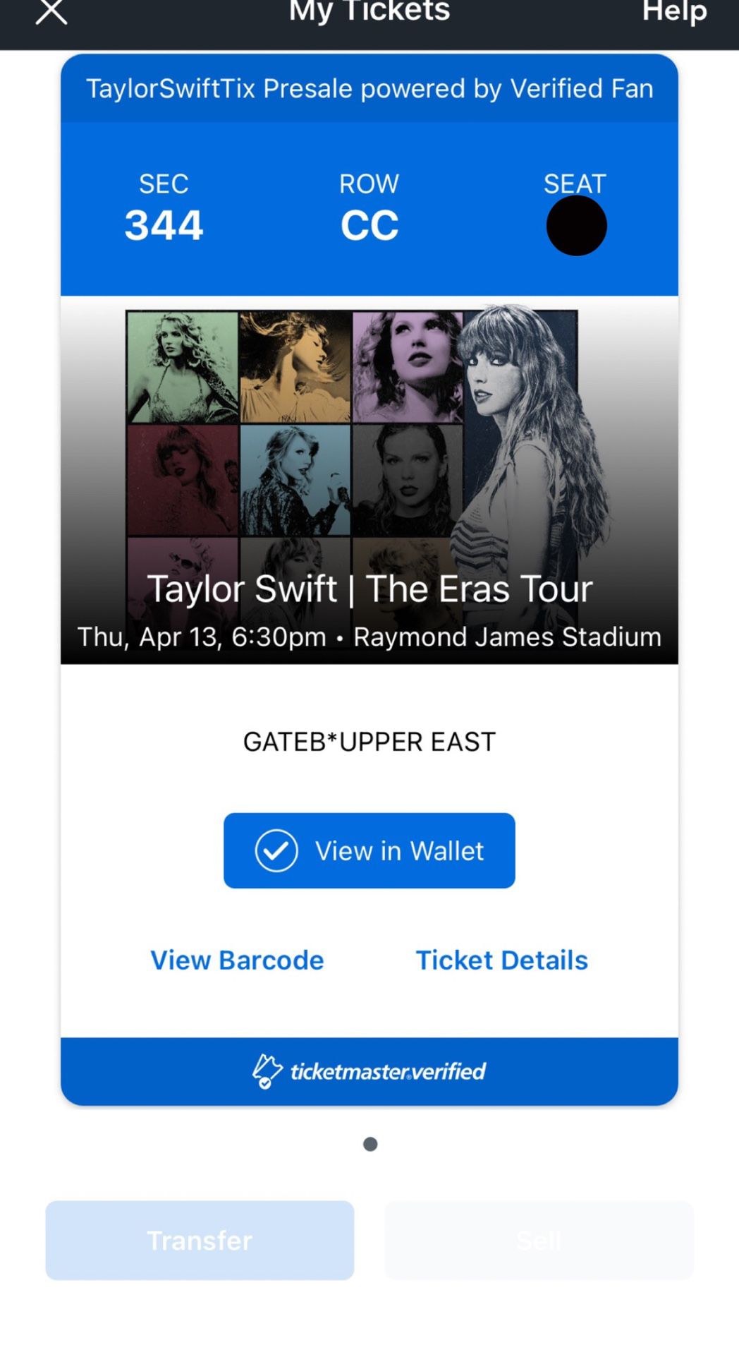 Taylor Swift Ticket Tampa/Raymond James Stadium 