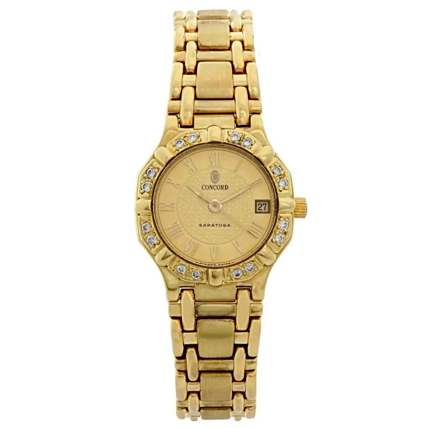 Ladies Concord Sarento 24mm Solid 18K Yellow Gold Band Watch with Roman Numeral Gold Dial and Diamond Bezel. (Pre-Owned)
