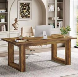 RY0207 63-Inch Wood Executive Desk, Modern Office Desk, Large Computer Table with Solid Wooden Base, Work Desk for Home Office (Brown)