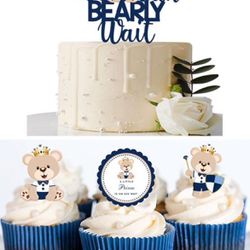 ROYAL BEAR PRINCE boy blue baby shower - cake and cupcake toppers decorations