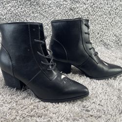 Womens Ankle Boots Lace Up Midcalf High Heeled Short Booties Aura Black Size 7