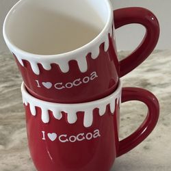 2~Holiday “I Love Cocoa” Ceramic 3D Hot Chocolate Mugs Red Cup with White Edge  