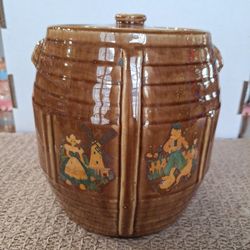 BROWN GLAZED BARREL-SHAPED STONEWARE COOKIE JAR