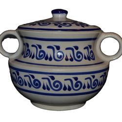 Mexican Hand Painted Pottery Crock Lid Double Handle Beige & Blue Marked 8” H