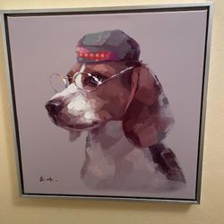 Wise Beagle Dog Wall Painting Oil On Canvas 18”x18” Aluminum Frame