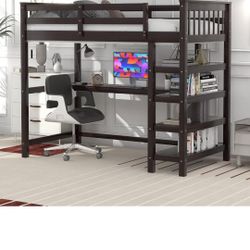 Full Size Loft Bed Dark Brown With Shelfs & Desk Area 