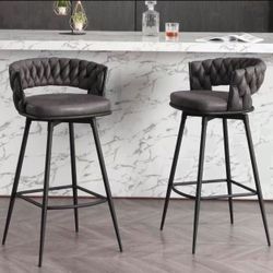 Modern Bar Stools Set of 2, 30" Bar Height Barstools, 180° Swivel Suede Fabric Stool Chairs with Woven Back and Footrest for Kitchen Island, Cafe, Pub