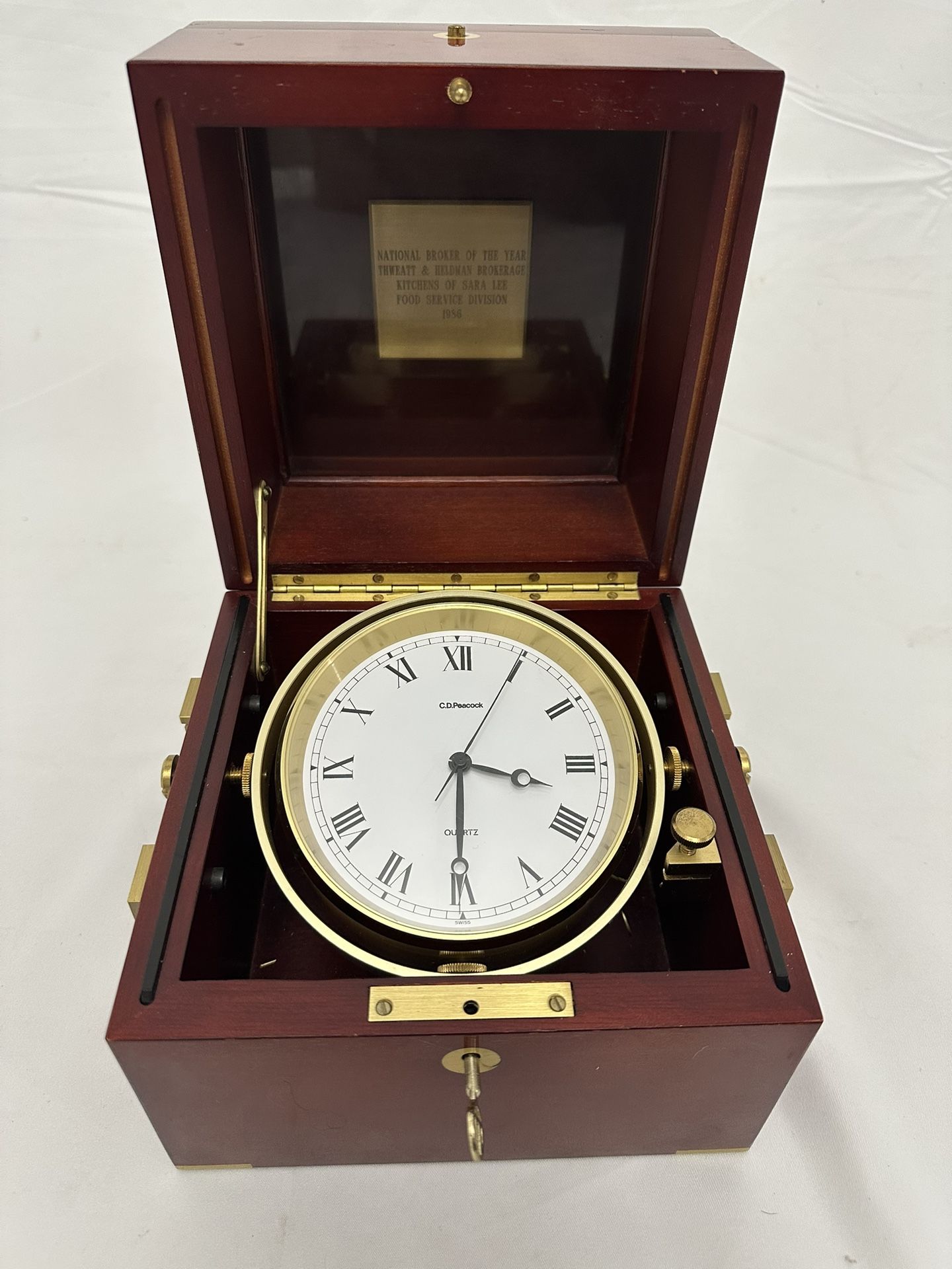 1986 VINTAGE COLLECTOR’S PIECE - MATTHEW NORMAN MAHOGANY & BRASS ENCASED SWISS MADE NAUTICAL CLOCK - EXCELLENT CONDITION!