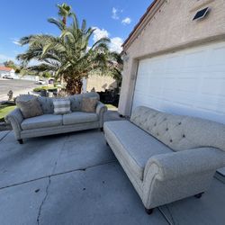Beautiful Upholstered Tufted Sofa And  Chaise Grey ( FREE DELIVERY)