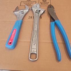 Channellock, 3 set, Code Blue 8 in.  810- 10 in  adjustable wrench,  909- cutters, made in USA , PERFECT CONDITION , E MESA