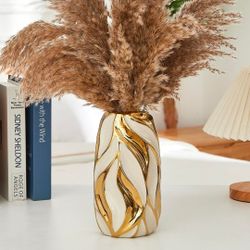 Cream White Ceramic Vase for Flowers, Gold Flower Vase Modern Home Decor, Small Ceramic Vase for Pampas Grass Decorative Vase
