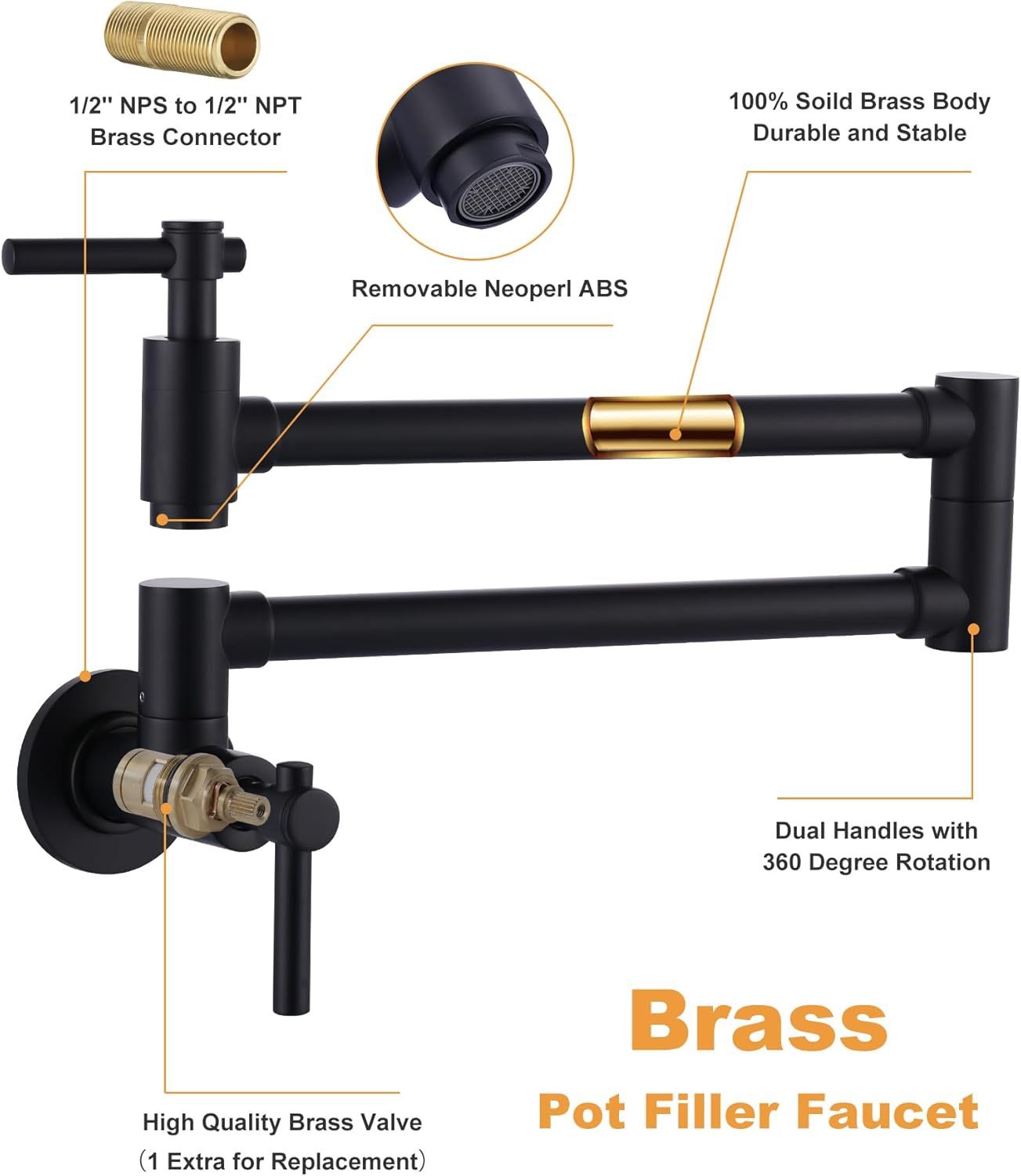 Wall-Mounted Black Brass Pot Filler Faucet – 20" Reach, Dual Swing Joints, 2-Valve Control, 304 Stainless Steel, Matte Black