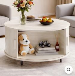 31.5" Round Storage Coffee Table, Fluted Wood Coffee Table with Adjustable Footpads and 360° Curved Sliding Door