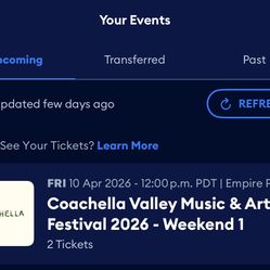 2 Coachella Tickets Weekend 1 W/shuttle