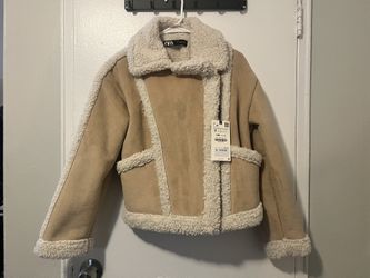 Zara Women’s Tan  Suede And Sherpa Fleece Aviator Jacket