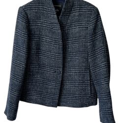 Club  Monaco Women's Sz 12 Textured Shirt Jacket Blazer Wool Blend Career Blue  Measurements in pictures.  Comes from a pet and smoke free house. This
