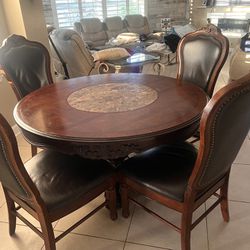 Large Round Wood and Marble Kitchen Table With 4 Chairs