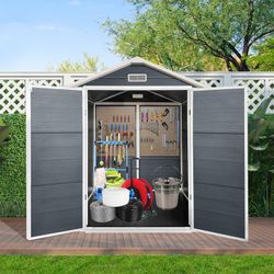 6x6 Ft Plastic Outdoor Storage with Floor and Lockable Door Plastic Garden Shed for Backyard, Lawn, Cold Grey