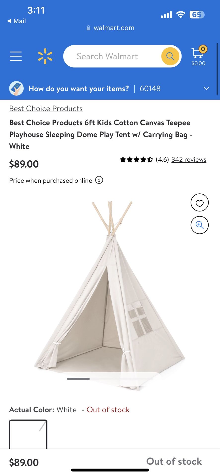 6ft Kids Cotton Canvas Teepee Playhouse Sleeping Dome Play Tent w/ Carrying Bag - White