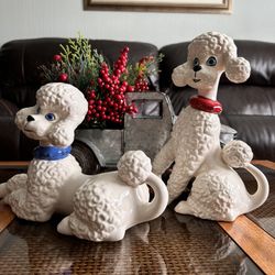 1950s Two Staffordshire Style Hand Painted Ceramic French Poodle Statues 