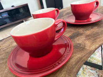 Le Creuset Cherry Red Enamel Espresso Cup and Saucer Set  for 3