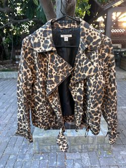 miami Leopard-Print Faux Leather Moto Jacket - Brown/Black Size M