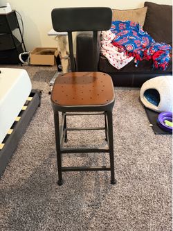 Set of 2 Industrial Metal Bar Stools w/ Wood Seats & Backrests