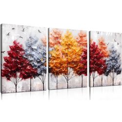 Tree Wall Art for Living Room, Gold Red and Gray Forest Wall-Decor for Bedroom, Modern Canvas Print, Size 12x16 Inches 3-Piece
