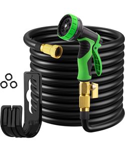 100FT Garden Hose with 10 Functions Spray Nozzle, Black Lightweight Water Hose, 3/4'' Heavy Duty Brass Fittings, Rust Proof, Kink-Free Water Pipe for