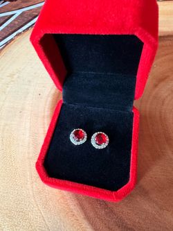 Silver Red Halo Stud Earrings