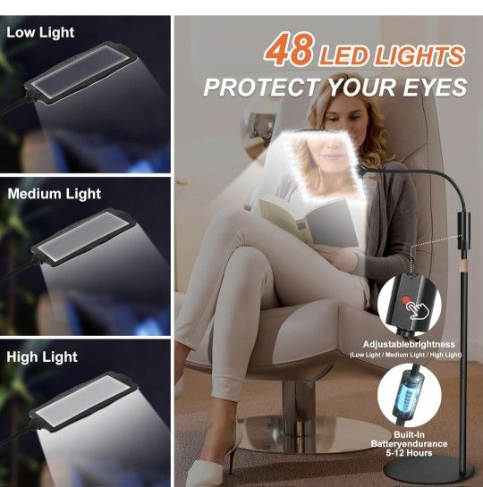 10X Magnifying Glass, with Light and Stand, 3 Light Modes Rechargeable Floor Magnifying,Suitable for Reading, Sewing, Crafts, DIY, Embroidery, Close W