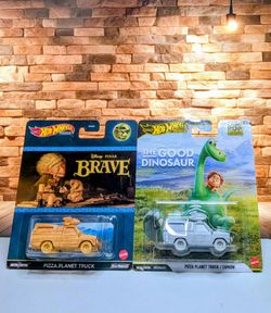 HOT WHEELS PREMIUM DISNEY PIXAR BRAVE PIZZA PLANET And THE GOOD DINOSAURS PIZZA PLANET TRUCK BOTH $50