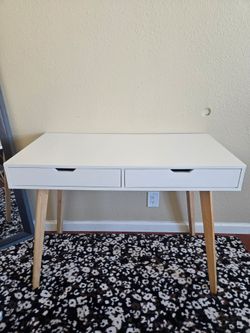 Mid-Century Modern White Desk with Two Drawers
