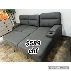 94"W Gray Fabric Sleeper Sectional Sofa Chaise with Storage Arms and Cupholder